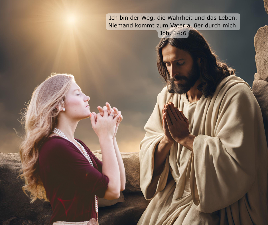 Junge Frau mit langen blonden Haaren betet zu Jesus Christus