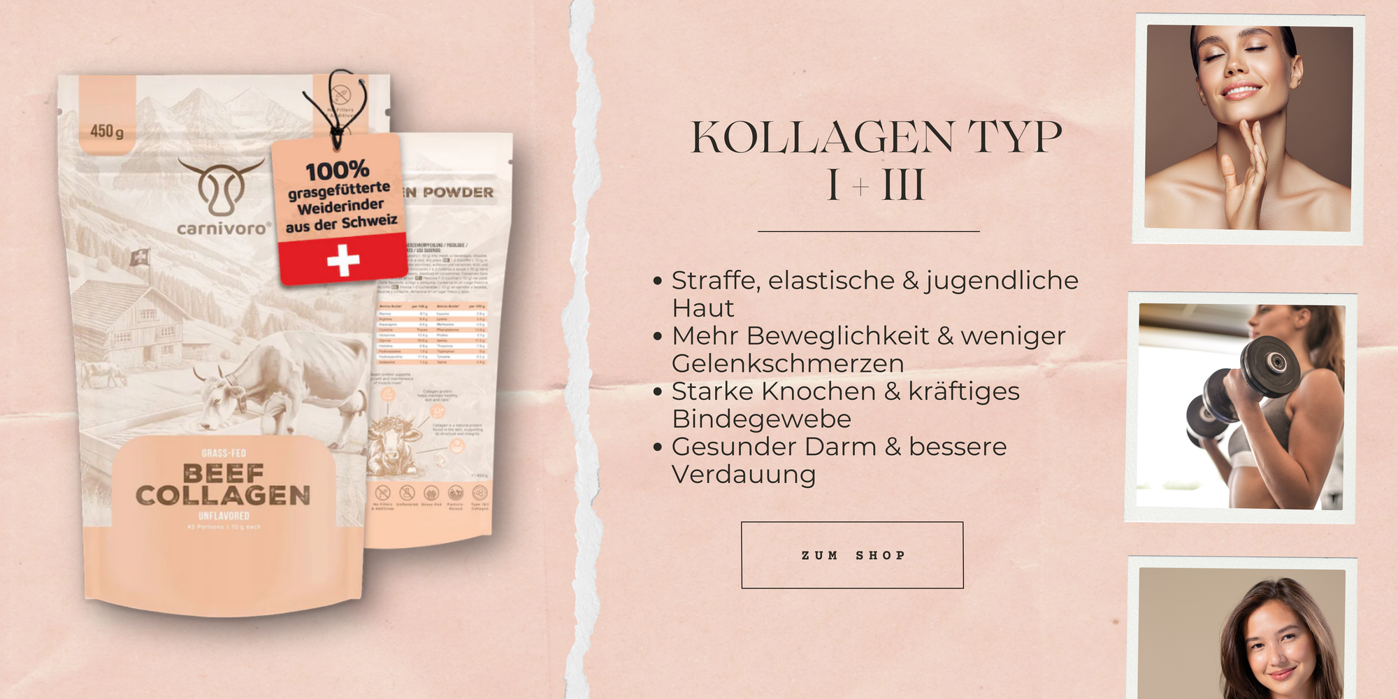 Schweizer Beef Collagen Typ I + III – Carnivoro Kollagen Pulver zur Unterstützung von Hautelastizität, Gelenkschmerzen, Knochenstärke und Verdauung.
