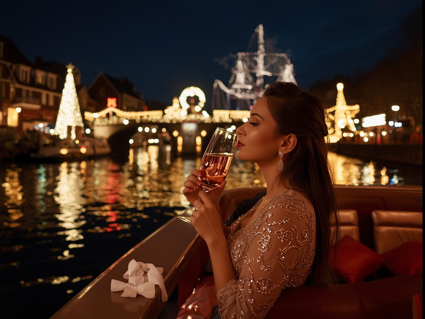 Eine schöne, elegante Frau mit langen dunklen Haaren mit einem Champagner in der Hand, in einer privaten Bootsfahrt rund um die Alster in Hamburg mit vielen Weihnachtslichtern