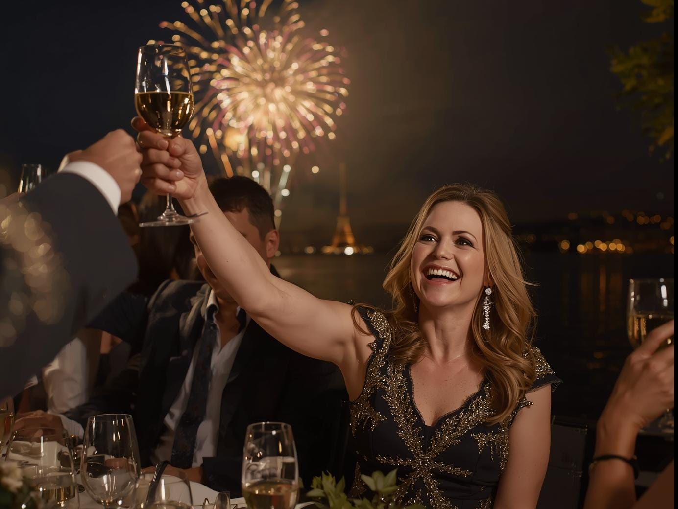 Eine glückliche elegante Frau, mit langen blonden Haaren bei einem festliches Dinner, stößt Champagner mit anderen Leuten an, hinter ihr das Feuerwerk über der Alster