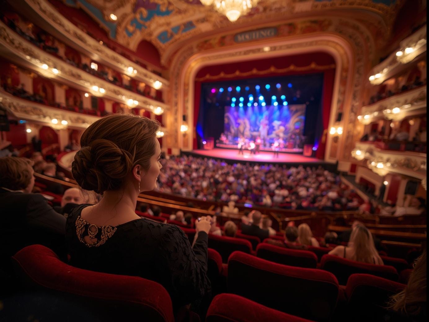 Eine elegante Frau sitzt in den hintere Reihen eines Musicals und schaut sich die Vorstellung an